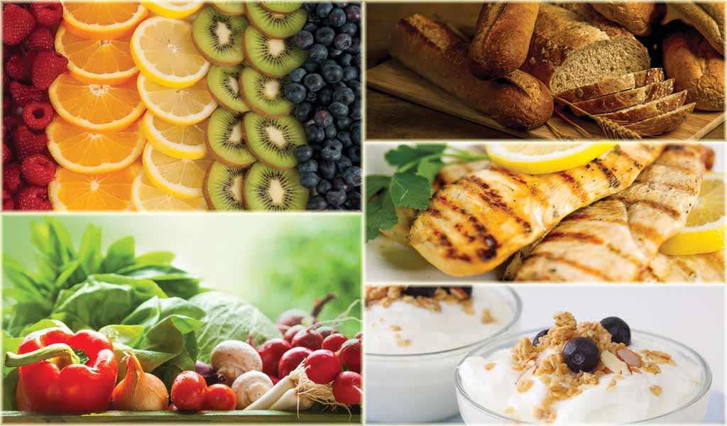 Organized grocery categories showing fruits, vegetables, grains, proteins, and pantry items